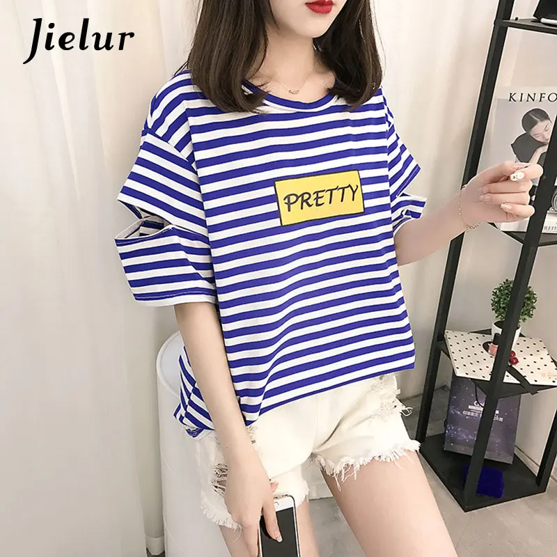 

Jielur Chic Letters Print Hollow Out Striped Female T-shirt Fashion Spell Color T-shirts Women Soft Green Blue M-XXL Summer Tops