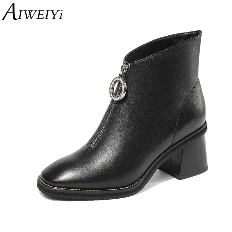 

AIWEIYi Genuine Leather Ankle Boots for Women Round toe Thick Heel High Heels Black Booties Fur Warm Winter Boots Botas Mujer