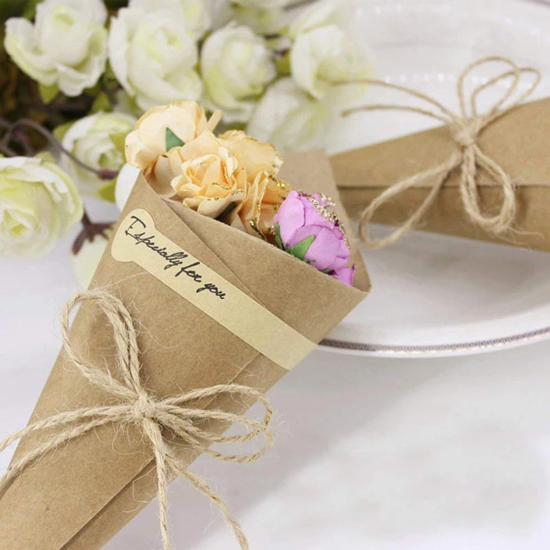 

100Pcs/Set Retro Folding Kraft Paper Confetti Cone Bouquet With Ropes Wedding Diy Decoration Gifts Packing Party Supplies