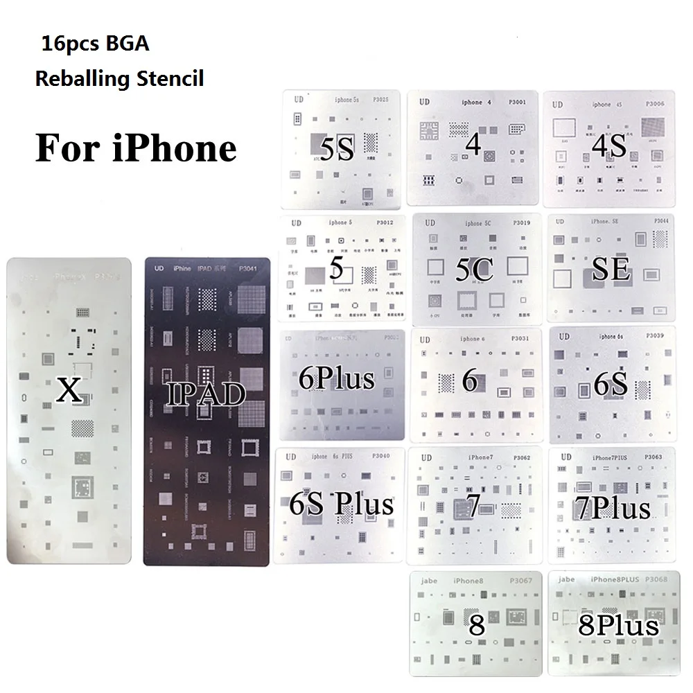 16 pcsFull набор припоя шаблон посвящает BGA трафарет для Iphone 4 4s 5 5S 5c 6 6+ 6s 6s+ 7 7+ SE 8 8 Plus X iPad сварка