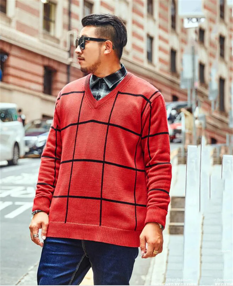 Брендовый Повседневный Свободный Мужской шерстяной свитер большого размера свитер с v-образным вырезом и принтом мужской красный пуловер больше размеров XXL-5XL 6XL 7XL
