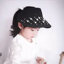 Fashion classic large brimmed straw hat girls pearl empty top sun hat kids foldable sport outdoor Anti-UV visor children caps