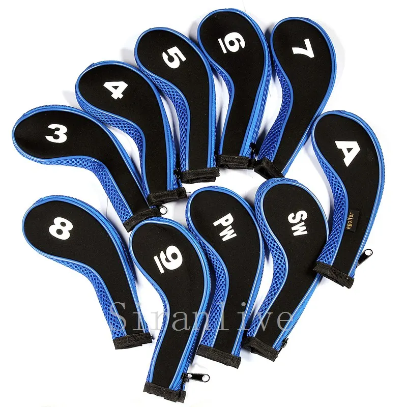 High Quality 10Pcs Rubber Neoprene Golf Head Cover Golf Club Iron Putter Protect Set Number Printed with Zipper Long Neck