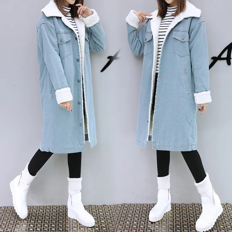 Goede Hodisytian Winter Mode Vrouwen Geul Dikke Jas Volledige Mouw Fleece Warm Slanke Lange Denim Windjack Bovenkleding Casaso Femme