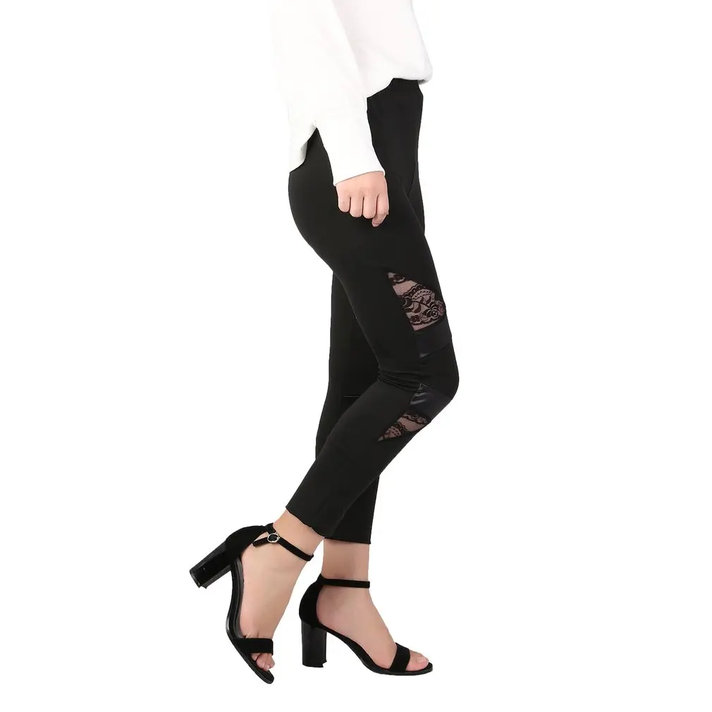 Women PU Leather Lace Embroidered Stretchy Leggings High Elasticity