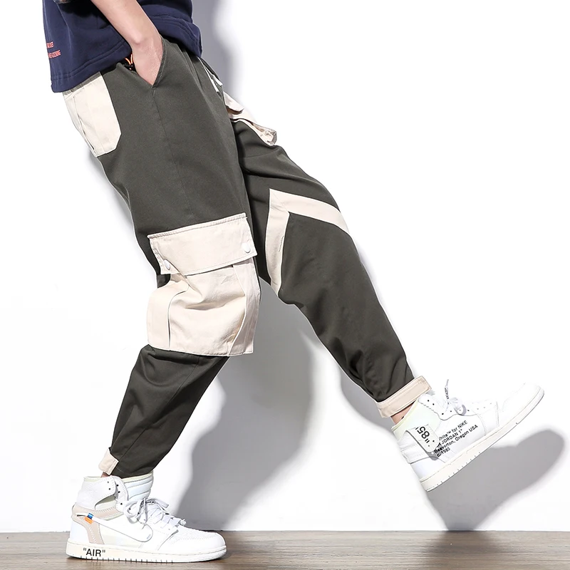 

Multi-pocket Elastic Waist Harem Pant Men Patchwork Color Black Joggers Pants Hip Hop Casual Trousers Male Streetwear Overalls