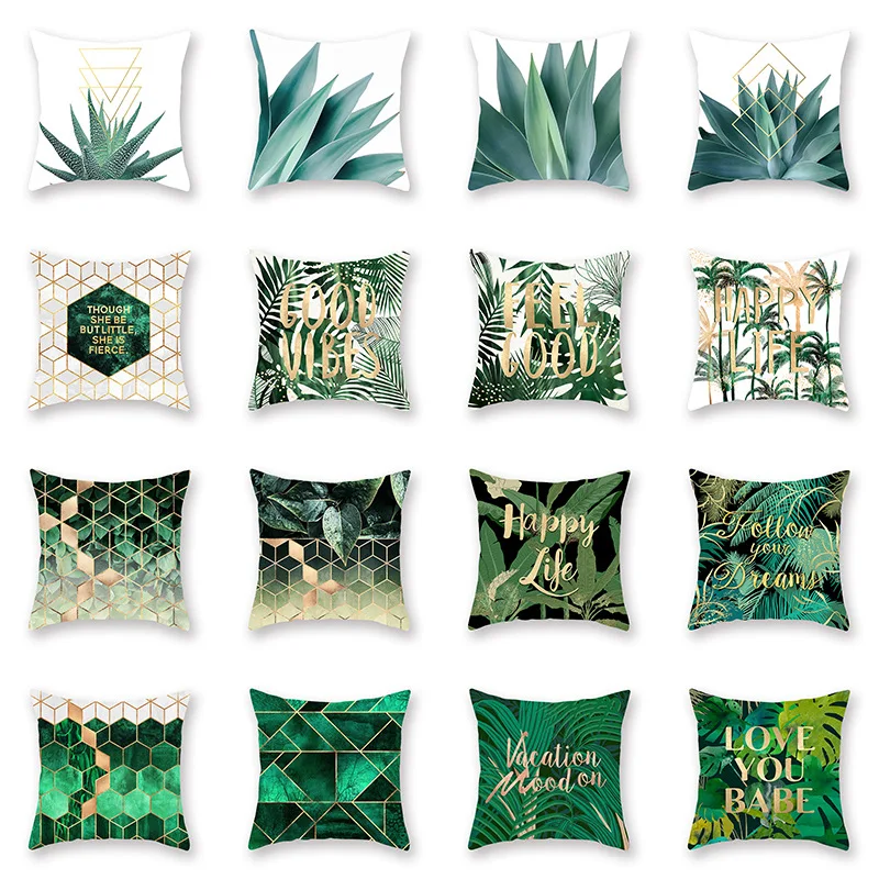 

Printed Green Pillowcase Tropical Plant Letter Geometry Customized Cushion Cover for Sofa Car Chair Home Decoration Accessories