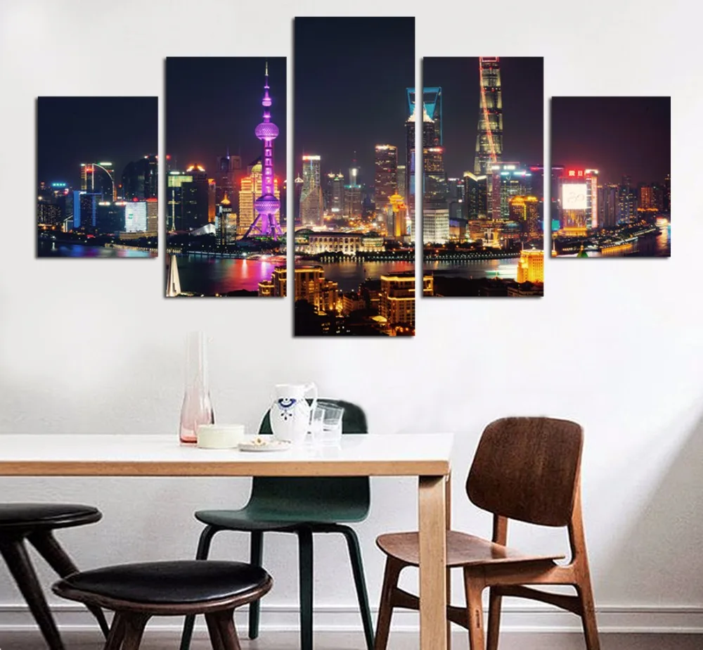 5 Panel Urban Landscape Wall Art Canvas Painting City Night View Print