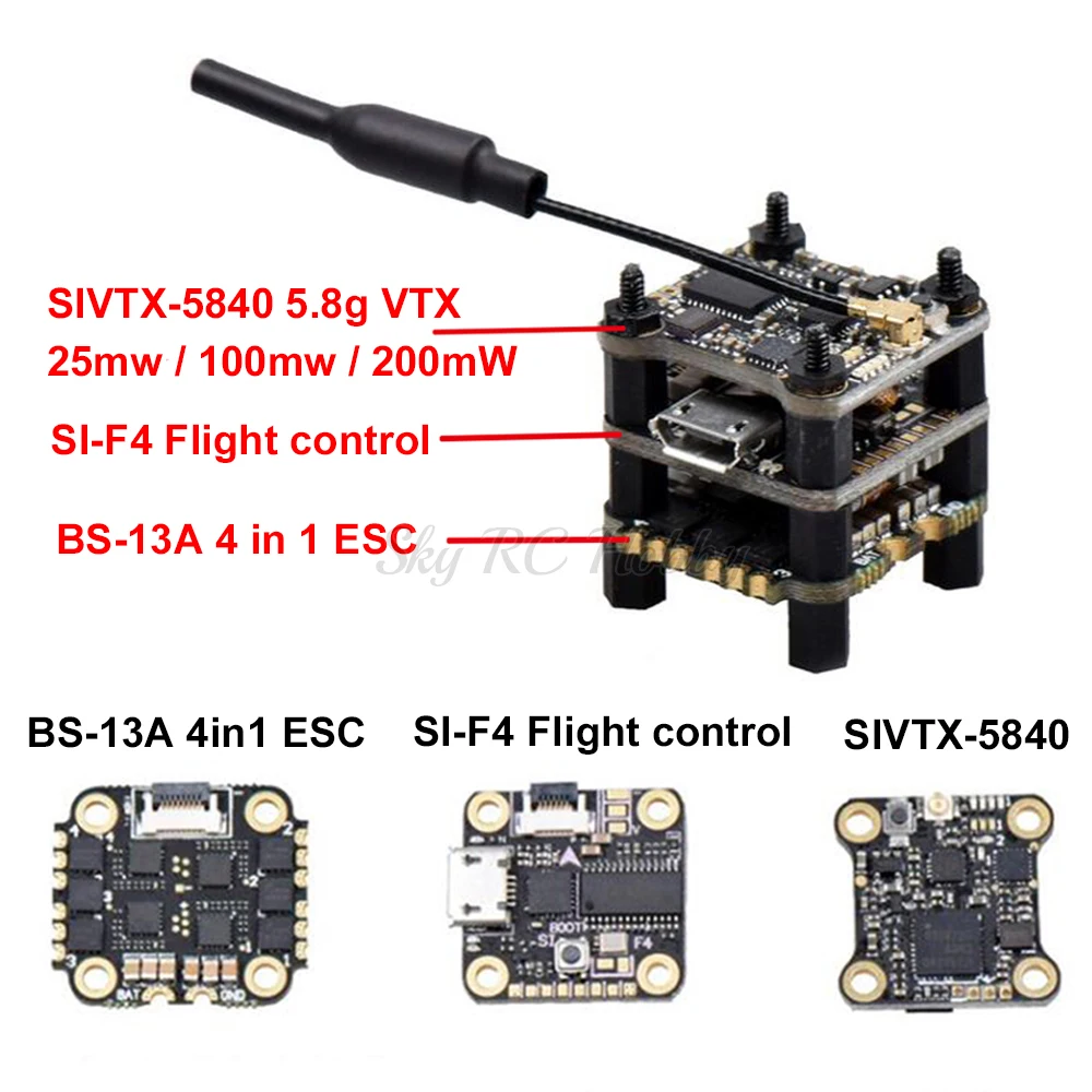 

Flytower SIF4 F4 Flight Control w/ BEC 2A ESC BS-13A 13A 2-4S 4IN1 ESC + SIVTX-5840 25/100/200mW transmitter OSD adjustment