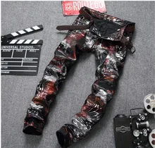 Mens Skinny jeans men 2017 Runway slim Men’s jeans denim Biker jeans Print pants Washed black jeans for men blue Trouses #669
