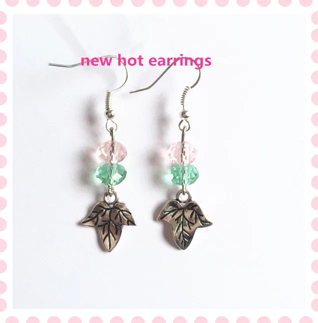 

New Ivy leaf charm glass beads earrings pink green dangles sorority greek jewelry accessories for girls women,1pair,OGE038