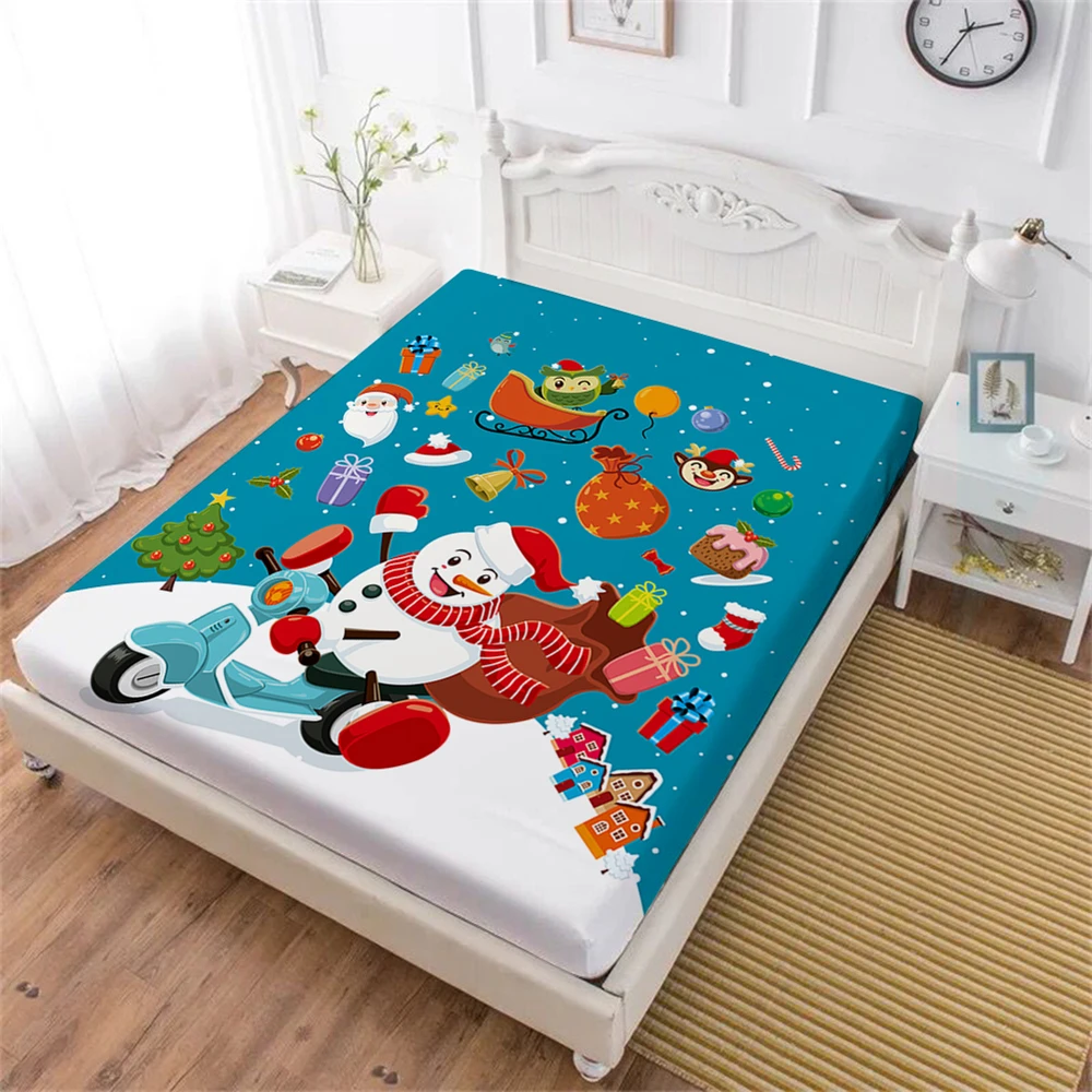 

Merry Christmas Bed Sheet White Snowman Colorful Gift Print Fitted Sheet Cartoon Festival Mattress Cover Home Decor D35