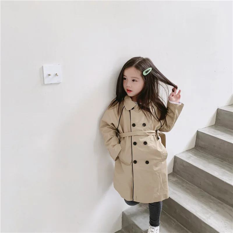Корейский стиль; осенний модный Тренч для девочек; двубортные пальто со съемным воротником для маленьких девочек; Детские Модные Длинные куртки