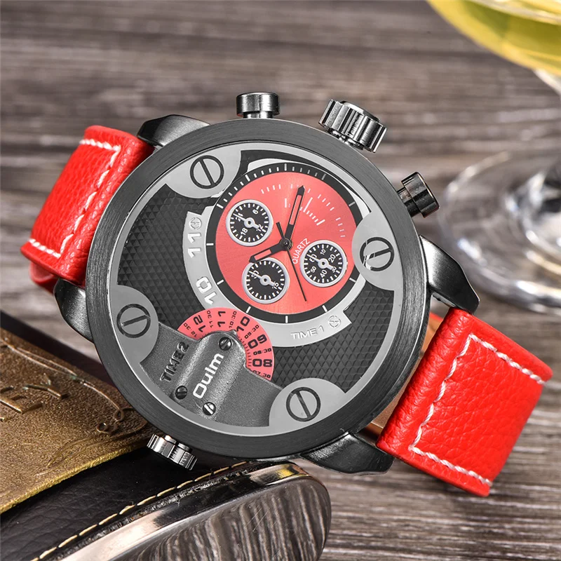  Oulm Military Watches Men Luxury Brand PU Leather Quartz Watch Man Two Time Zone Big Size Male Cloc
