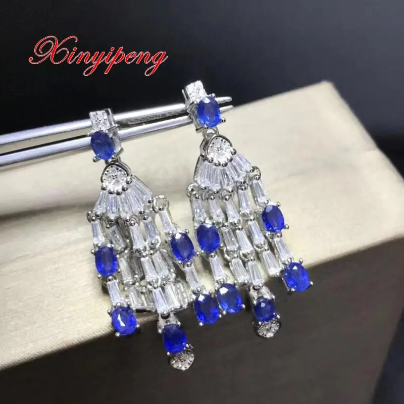 

Xin yi peng 925 silver plated gold inlaid natural sapphire ear pendant women earrings Exquisite fashion