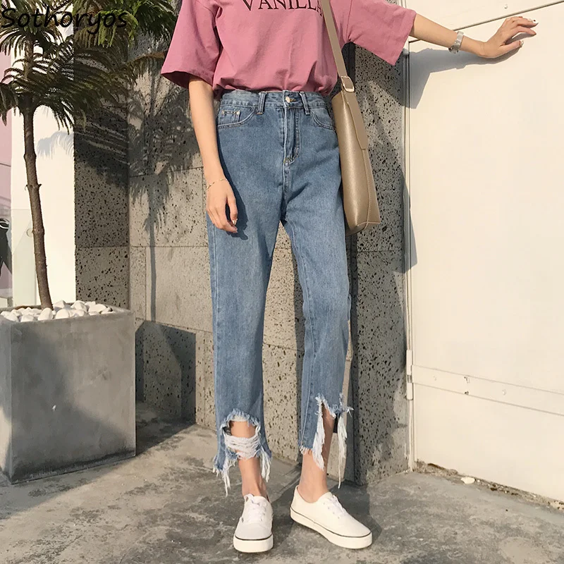 

Jeans Women Simple Hole Trendy Student High Quality Female All-match Elegant Womens Korean Style Pockets Zipper Leisure Trousers