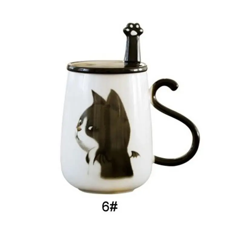 500 мл мультфильм кошка керамическая чашка Молоко Кофе Кружка с крышкой и ложкой из нержавеющей стали - Цвет: 6