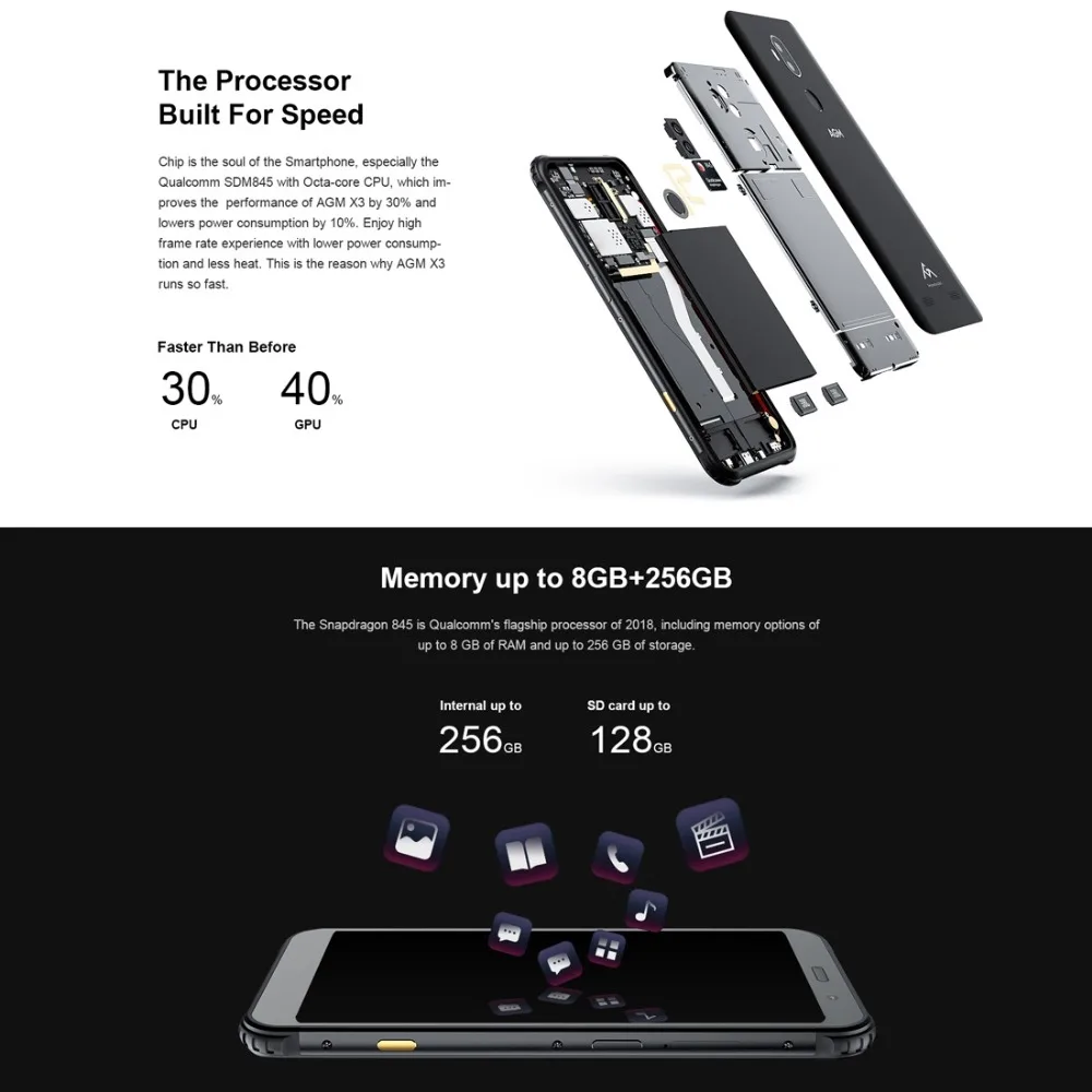 8gb ram AGM X3 IP68 Waterproof Mobile Phone 5.99" 4100mAh Smartphone SDM845 Fingerprint 6GB+64GB Dual BOX Speaker NFC 8gb ram