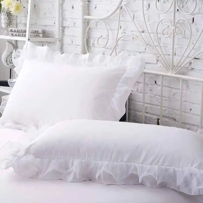 Korean Style Lace Pillow Cover Set - Elegant Solid Color Princess Bedding in White, Blue, or Purple (48x74cm)