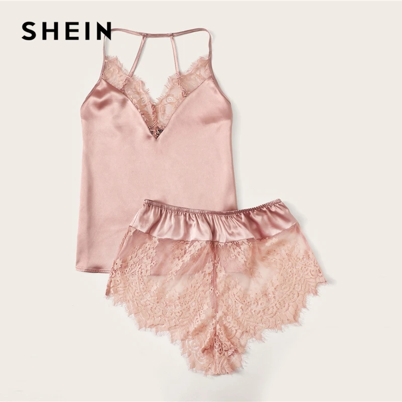 SHEIN Атласный Топ На Бретелях С Кружевом И Шорты Пижама Комплект Женский Розовый