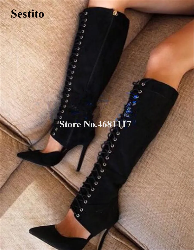 

Women Classical Style Pointed Toe Suede Leather Thin Heel Knee High Gladiator Boots Cut-out Lace-up Black Long High Heel Boots