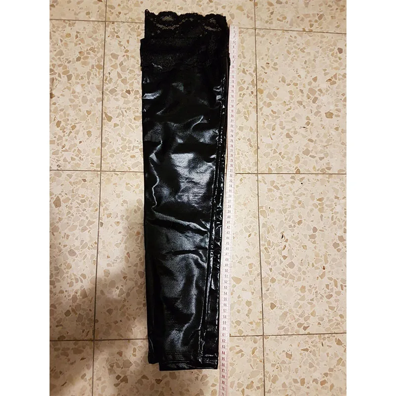 Black Gothic Wetlook Vinyl Leather Stockings Women Sexy Long Skinny Thigh High Lace Leather Stocking Erotic Lingerie Stocking (2)