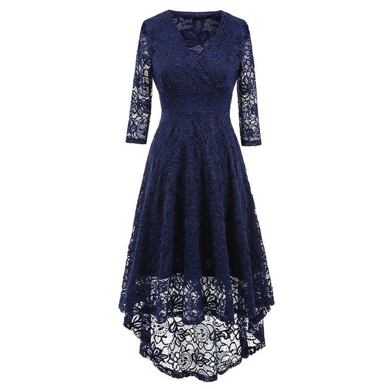 Kostlich 2017 Women Autumn Dress V-Neck 34 Sleeve Lace Hollow Sexy Evening Party Dresses Irregular Hepburn 1950s Vintage Dress (7)