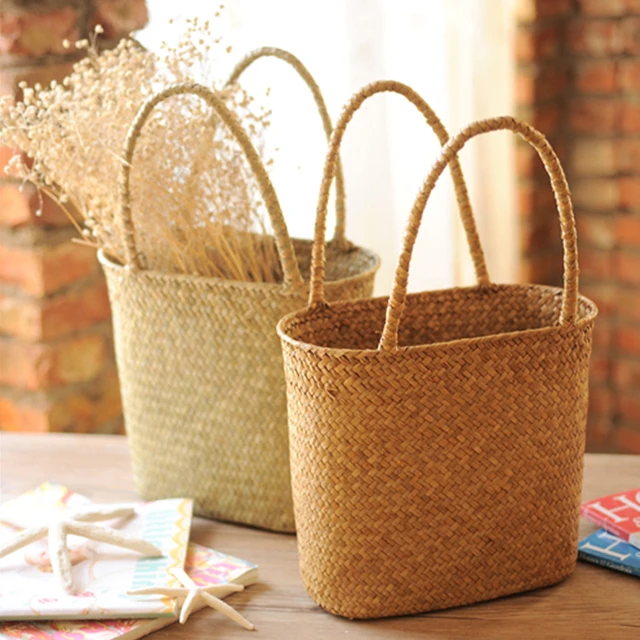 Straw Weave Wicker Storage Basket Shopping Picnic Bag For Kitchen Neatening Sundries Decorative