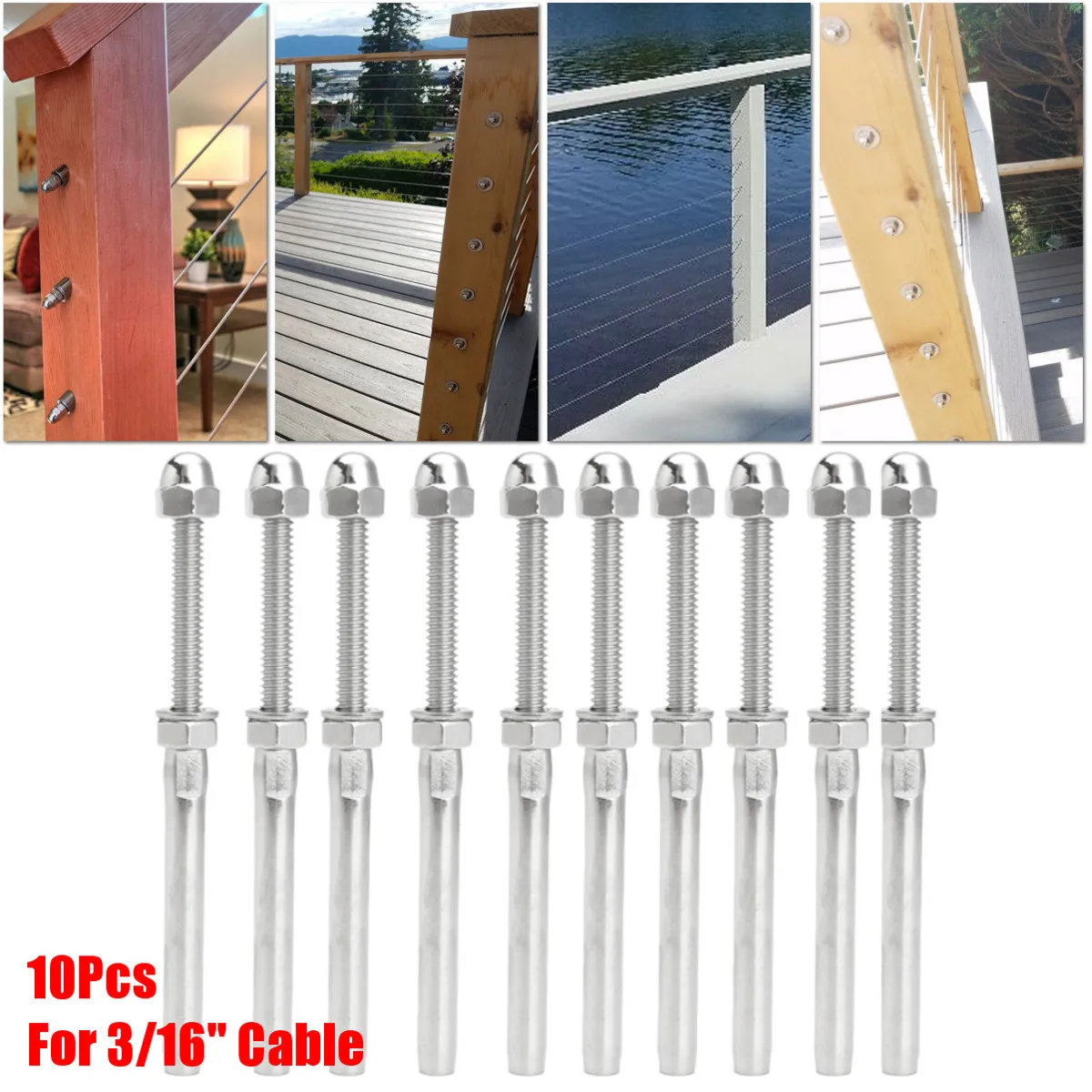 

10Pcs 12cm Stainless Threaded Terminal Stud End Fitting for Cable Deck Railing Hand Swage Cap Nut Straight Fastener Connector