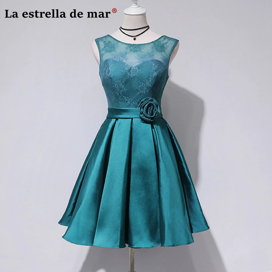 

Wedding party dress new Scoop neck lace satin A Line Hunter bridesmaid dress Knee Length vestido madrinha real photo