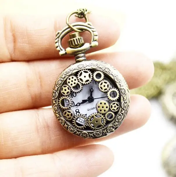 

Antique Copper Steampunk Vintage Hollow Bronze mini Gear Hollow Quartz Pocket Watch Necklace Pendant Clock Chain gift PM68