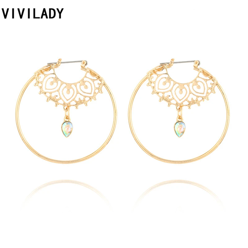 

VIVILADY New Bohemia Hollow Out Round Hoop Earring for Women Brincos Crystal Leaf Pattern Jewelry Accessories Gold Color Bijoux
