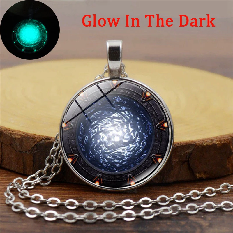

Glow In The Dark Jewelry Stargate Portal Atlantis Glass Dome Pendant Neckalce Women Fashion Silver Chain Luminous Necklace