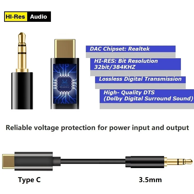 Вспомогательный цифровой аудиокабель Type C 3 5 мм DAC 32 бит/384 кГц для наушников