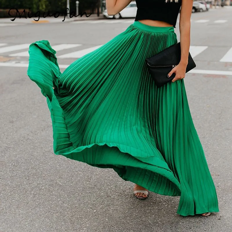 Miguofan Pleated Skirt Women High Waist Long Skirts Loose Streetwear Solid Black White Maxi Skirts Summer Jupe Femme - Цвет: Зеленый