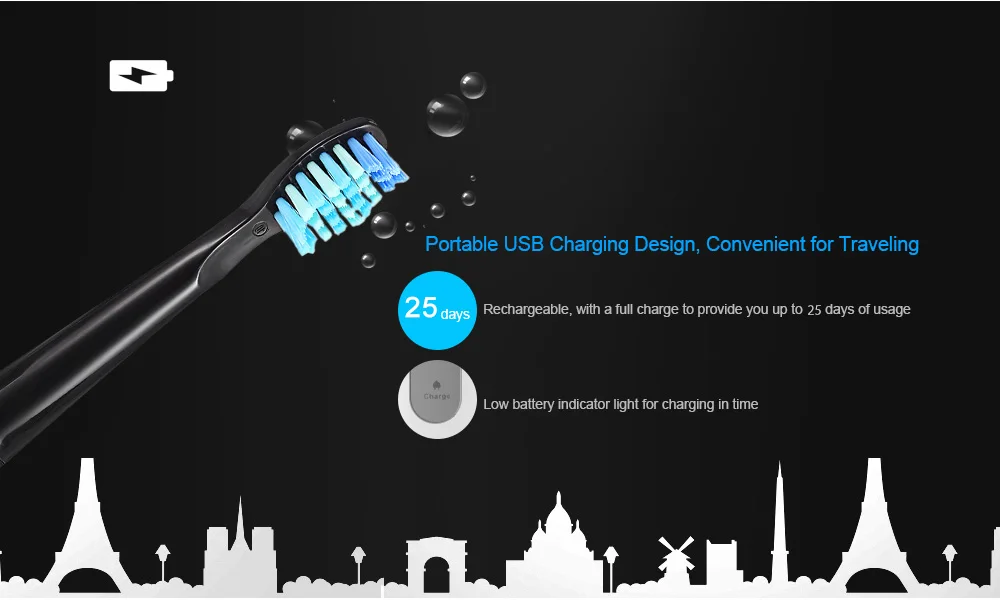 Alfawise SG - 949 Sonic Electric Toothbrush with Smart Timer Five Brushing Modes Waterproof with 3 Brush Heads