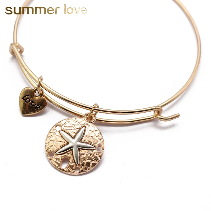 

Sea Star Starfish Love Heart Pendant Bracelet Adjustable Expandable Wire Bangles Gold/Silver/Rose Gold Color Women Charm Jewelry