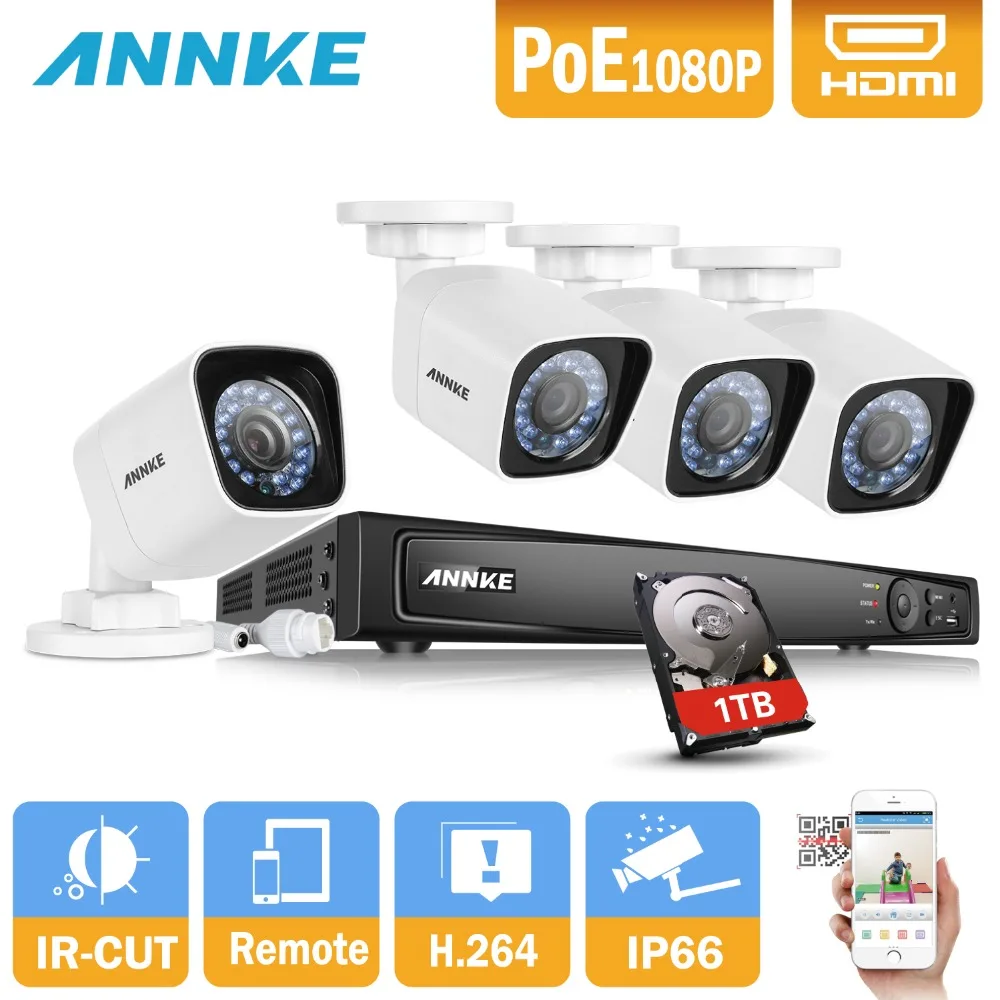 

ANNKE 8CH 6MP NVR 1080P POE IR IP Camera PoE NVR Kit With 4PCS 2.0MP Waterproof IP66 Camera Recorder View CCTV System With 1TB