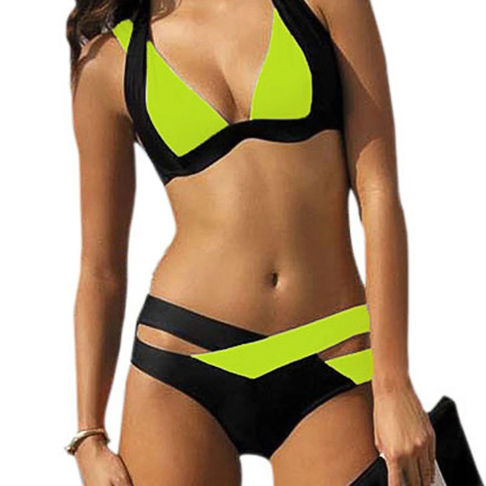 2018 New Bikinis Women Swimsuit Summer tops Beach Wear Bikini Set Push Up Swimwear Bandage Bathing Suit Black And Purple XL yellow