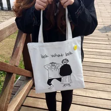 Женские холщовые хозяйственные сумки с мультяшными рисунками, эко многоразовые сумки на одно плечо для девочек, повседневные сумки, школьные сумки, белые, черные