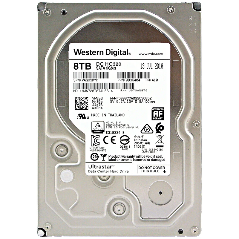 Western Digital 8 ТБ 6 ТБ 4 ТБ 2 ТБ 1 ТБ Ultrastar DC HC320 жесткого диска SATA HDD-7200 об/мин Класс SATA 6 ГБ/сек. 256MB Кэш 3," HUS728T8TALE6L4