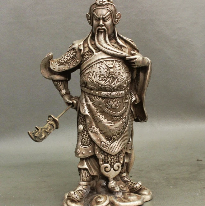 

10" Chinese Silver Dragon Warrior GuanGong GuanYu God Hold Broadsword Statue