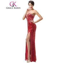 Luxury Grace Karin Long Formal Evening Dresses Crystal Sequin Pongee Split Red Elegant Evening Gowns Sexy Party Dress CL6102