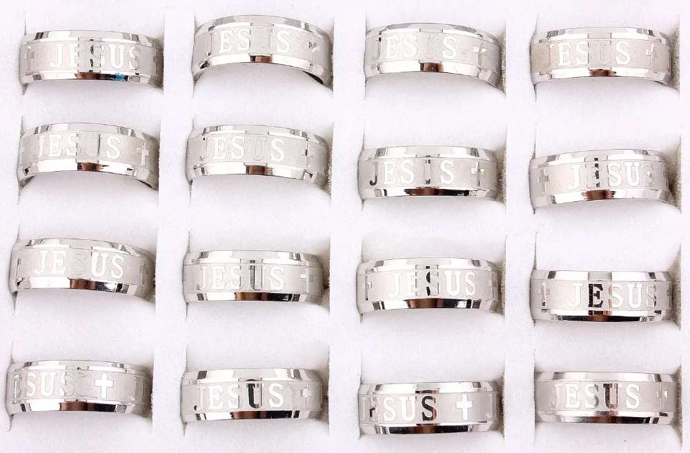 

Wholesale Lots 24Pcs 8mm Jesus Christian Cross Prayer 316L Stainless Steel Men Women Silver Ring Band Wedding Engagement Gift