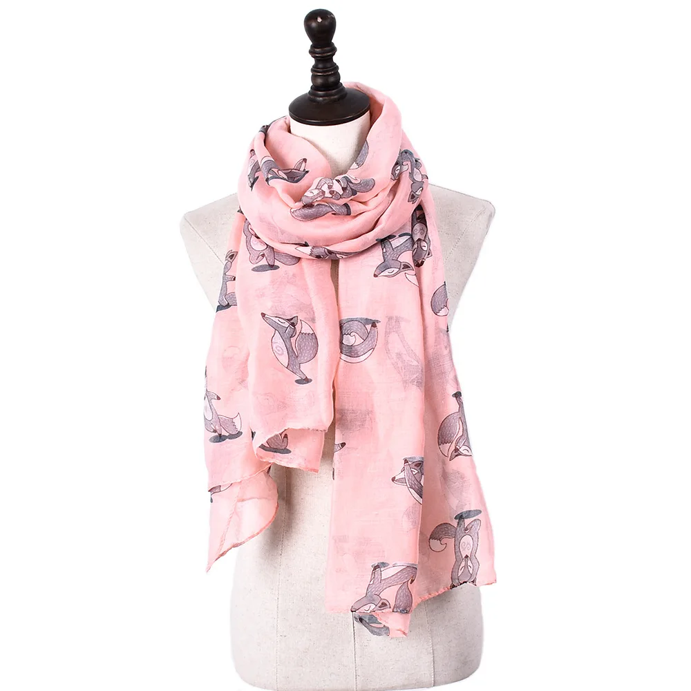 

Vintage Women Cute Fox Animal Printed Scarves Long Soft Cotton Voile Scarf Shawl Wrap Scarves for Summer Winter