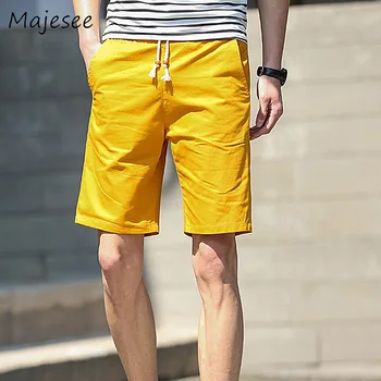 

Men Shorts Summer Knee-length Cotton Solid Color Casual Mens Short New Fashion Drawstring Pockets Male Breathable Korean Style
