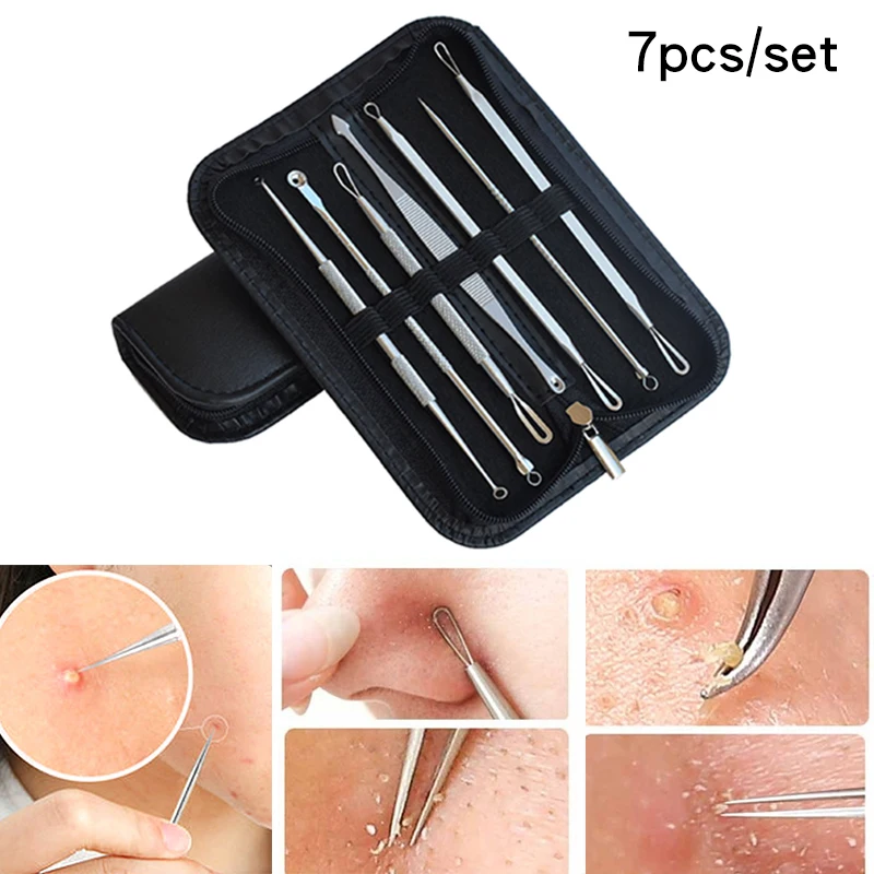 

7pcs/set Acne Blackhead Remover Lightweight Traveling Portable Exquisite Black Bag Pimple Remover Tool Spot Face Cleaning Peel