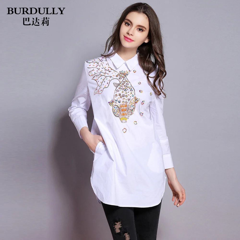 New 2017 long shirts womens cotton blouse shirt beading embroidery