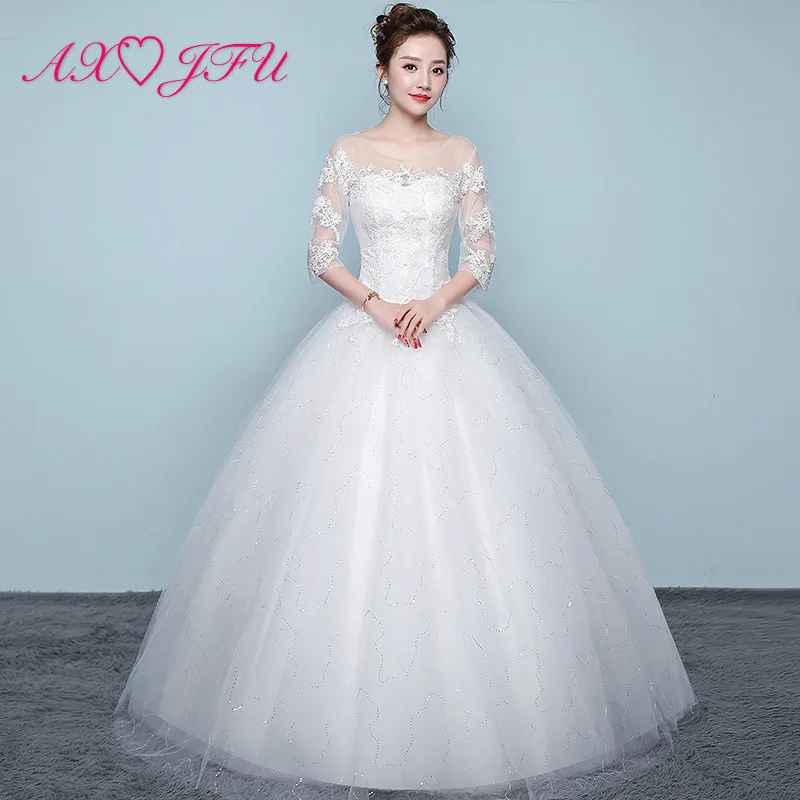 

AXJFU white flower lace o neck wedding dress princess vintage turkey half sleeve illusion white party wedding dress