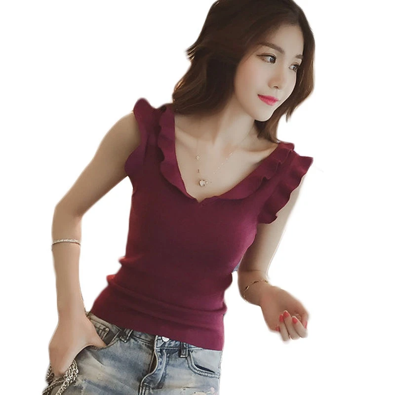 

Women Tees Crop Top Female Fashion Knitted V-Neck T-Shirt Sleeveless Tops Sexy Sweet Slim T Shirt
